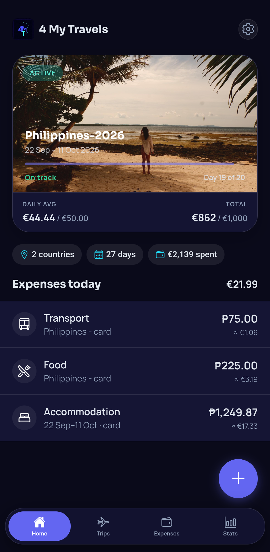 4 My Travels app showing trip to Philippines with expense tracking